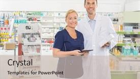  Presentation with pharmacy tablet - Presentation design enhanced with apotek - portrait of smiling female assistant background and a soft green colored foreground