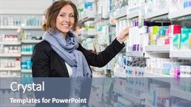  Presentation with product - PPT layouts enhanced with apotek - portrait of smiling female consumer background and a ocean colored foreground