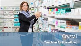  Presentation with female l leader - Slide deck consisting of apotek - portrait of smiling mid adult background and a teal colored foreground