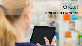  Presentation with pharmacy tablet - Colorful presentation theme enhanced with apotek - rear view of female chemist backdrop and a lemonade colored foreground