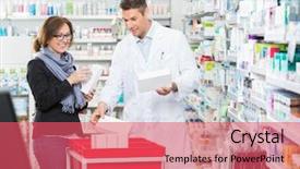  Presentation with drugs and medicines - Amazing PPT theme having apotek - smiling male chemist showing medicines backdrop and a coral colored foreground