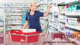  Presentation with chemist - Slide deck with apotek - smiling mature female chemist arranging background and a red colored foreground