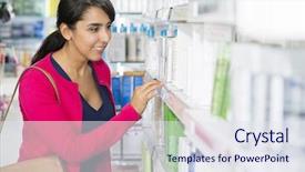  Presentation with cosmetics - Amazing PPT theme having apotek - woman looking at cosmetics backdrop and a  colored foreground
