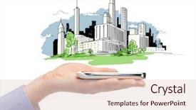  Presentation with smartphone app - Presentation consisting of communication device app - business and architecture concept background and a lemonade colored foreground