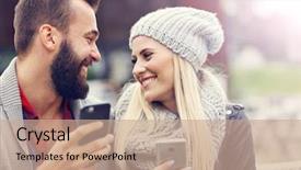  Presentation with young happy couple - Amazing PPT layouts having app - picture showing happy young couple backdrop and a coral colored foreground