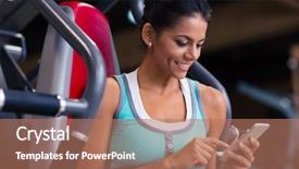  Presentation with happy smiling woman dental health - Slide deck enhanced with app - portrait of a happy fitness background and a coral colored foreground