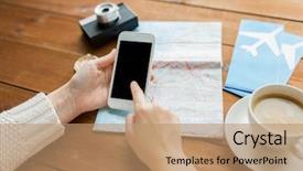  Presentation with travel app - Colorful presentation theme enhanced with app - vacation tourism travel technology backdrop and a coral colored foreground