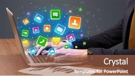  Presentation with flying - PPT theme enhanced with app development - businessman hand typing on laptop background and a red colored foreground