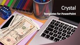  Presentation with notebook - PPT layouts enhanced with app loan - workplace with money and notebook background and a  colored foreground