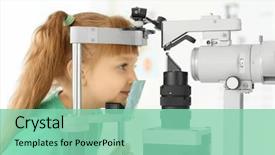  Presentation with ophthalmologist - PPT theme with apparatus - cute little child at ophthalmologist's background and a seafoam green colored foreground