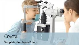  Presentation with ophthalmologist - PPT theme with apparatus - cute little child at ophthalmologist's background and a light blue colored foreground