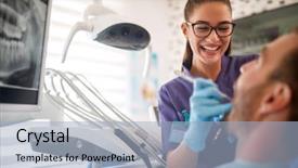  Presentation with dental radiology dentist and assistant - Cool new PPT theme with apparatus - female dentist repairing patient tooth backdrop and a light blue colored foreground