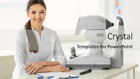  Presentation with ophthalmologist - Presentation theme enhanced with apparatus - young ophthalmologist in modern clinic background and a light gray colored foreground