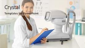  Presentation with ophthalmologist - Beautiful presentation theme featuring apparatus - young ophthalmologist in modern clinic backdrop and a lemonade colored foreground