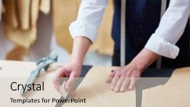  Presentation with tracing - Slides with apparel industry - portrait of unrecognizable skilled tailor background and a lemonade colored foreground