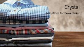  Presentation with apparel industry - Slide set with apparel industry - stack of colorful shirts background and a mint green colored foreground