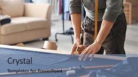  Presentation with apparel industry - Colorful PPT theme enhanced with apparel industry - young tailor working with textile backdrop and a seafoam green colored foreground