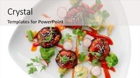  Presentation with poster on white wall above - Slides enhanced with appatiser - creative vegetable appetizer shot background and a light gray colored foreground