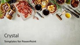  Presentation with tapas wine - Slides enhanced with appatiser - wine and tapas top view background and a light gray colored foreground