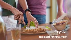  Presentation with cheese - Audience pleasing slide deck consisting of appatiser - woman hands cutting slicing cheese backdrop and a  colored foreground