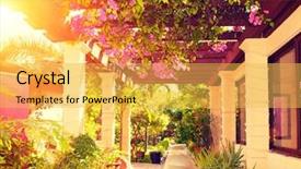  Presentation with veranda - Colorful PPT theme enhanced with appealing - beautiful vintage landscaped terrace backdrop and a yellow colored foreground