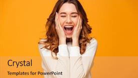  Presentation with yellow - Amazing PPT theme having appearing - image of excited screaming young backdrop and a yellow colored foreground