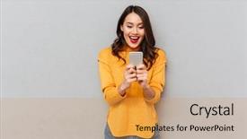  Presentation with image retrieval - Presentation theme with appearing - image of surprised happy brunette background and a yellow colored foreground