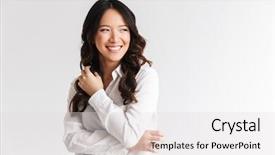  Presentation with positive attitude optimistic life - PPT theme enhanced with appearing - photo of optimistic asian woman background and a light gray colored foreground