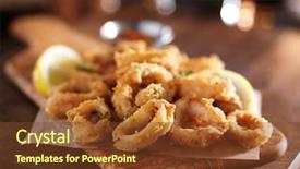  Presentation with sauce - Beautiful PPT layouts featuring appetizer - fried calamari rings on wooden backdrop and a tawny brown colored foreground