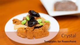  Presentation with appetizer - Slide deck consisting of appetizer-braised-bread-dish-chinese background and a gold colored foreground