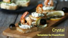  Presentation with appetizer - Presentation design featuring appetizer canape with shrimp background and a tawny brown colored foreground