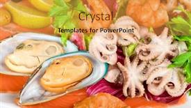  Presentation with appetizer - PPT theme having appetizer closeup of different seafood and vegetables background and a yellow colored foreground