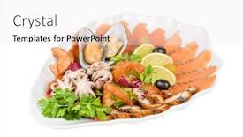  Presentation with appetizer - Presentation enhanced with appetizer closeup of different seafood and vegetables background and a sky blue colored foreground