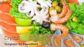  Presentation with appetizer - Amazing PPT layouts having appetizer closeup of different seafood and vegetables backdrop and a yellow colored foreground