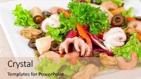  Presentation with appetizer - Slides enhanced with appetizer closeup of different seafood and vegetables background and a coral colored foreground