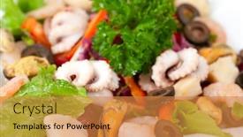  Presentation with appetizer - Colorful PPT layouts enhanced with appetizer-closeup-of-different-seafood backdrop and a gold colored foreground