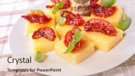  Presentation with appetizer - Audience pleasing PPT theme consisting of appetizer-polenta-with-dry-tomato backdrop and a lemonade colored foreground