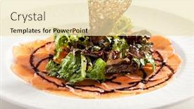  Presentation with appetizer - Presentation theme featuring appetizer - salmon carpaccio with salad mix background and a lemonade colored foreground