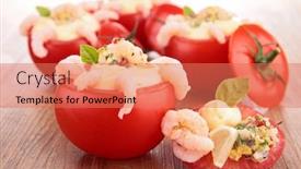  Presentation with appetizer - Beautiful theme featuring appetizer stuffed tomato with shrimp backdrop and a coral colored foreground