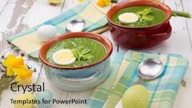  Presentation with soup - Cool new PPT layouts with appetizers - two bowls of green gazpacho backdrop and a yellow colored foreground