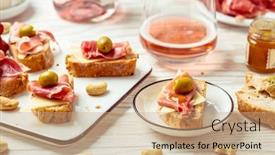  Presentation with appetizers - Slide set with appetizers-and-open-sandwiches background and a coral colored foreground