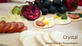  Presentation with cutting board - Audience pleasing PPT theme consisting of appetizers consisting of cheeses fruit backdrop and a soft green colored foreground