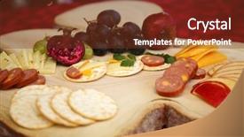  Presentation with cutting board - Presentation theme having appetizers consisting of cheeses fruit background and a tawny brown colored foreground