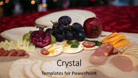  Presentation with cutting board - Audience pleasing PPT theme consisting of appetizers consisting of cheeses fruit backdrop and a coral colored foreground