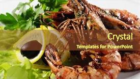  Presentation with appetizers - PPT layouts with appetizers - grilled shrimp with parsley lemon slice and olive background and a tawny brown colored foreground