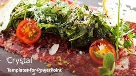  Presentation with appetizers - Slide set having appetizers - meat carpaccio with rocket salad parmesan cheese and cherry tomato background and a tawny brown colored foreground