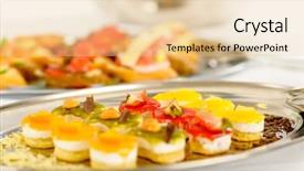  Presentation with appetizers - Theme enhanced with appetizers mini desserts on catering buffet white tablecloth background and a lemonade colored foreground