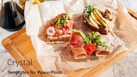  Presentation with appetizers - Presentation theme consisting of appetizers-on-the-wooden-board background and a coral colored foreground