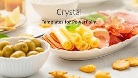  Presentation with salmon spicy - PPT theme featuring appetizers-with-differents-antipasti-charcuterie background and a lemonade colored foreground