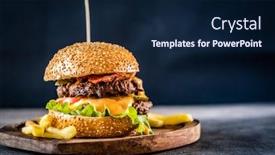  Presentation with burger fries - PPT theme enhanced with appetizing burger and french fries on wooden board background and a navy blue colored foreground